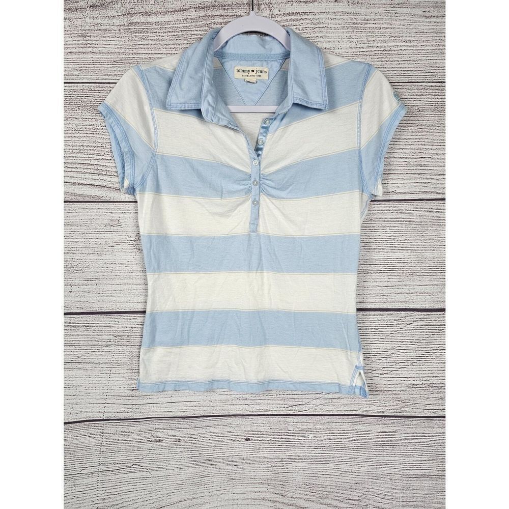 Tommy Hilfiger Collared Striped Short Sleeve Shirt Blue and White Size Large
